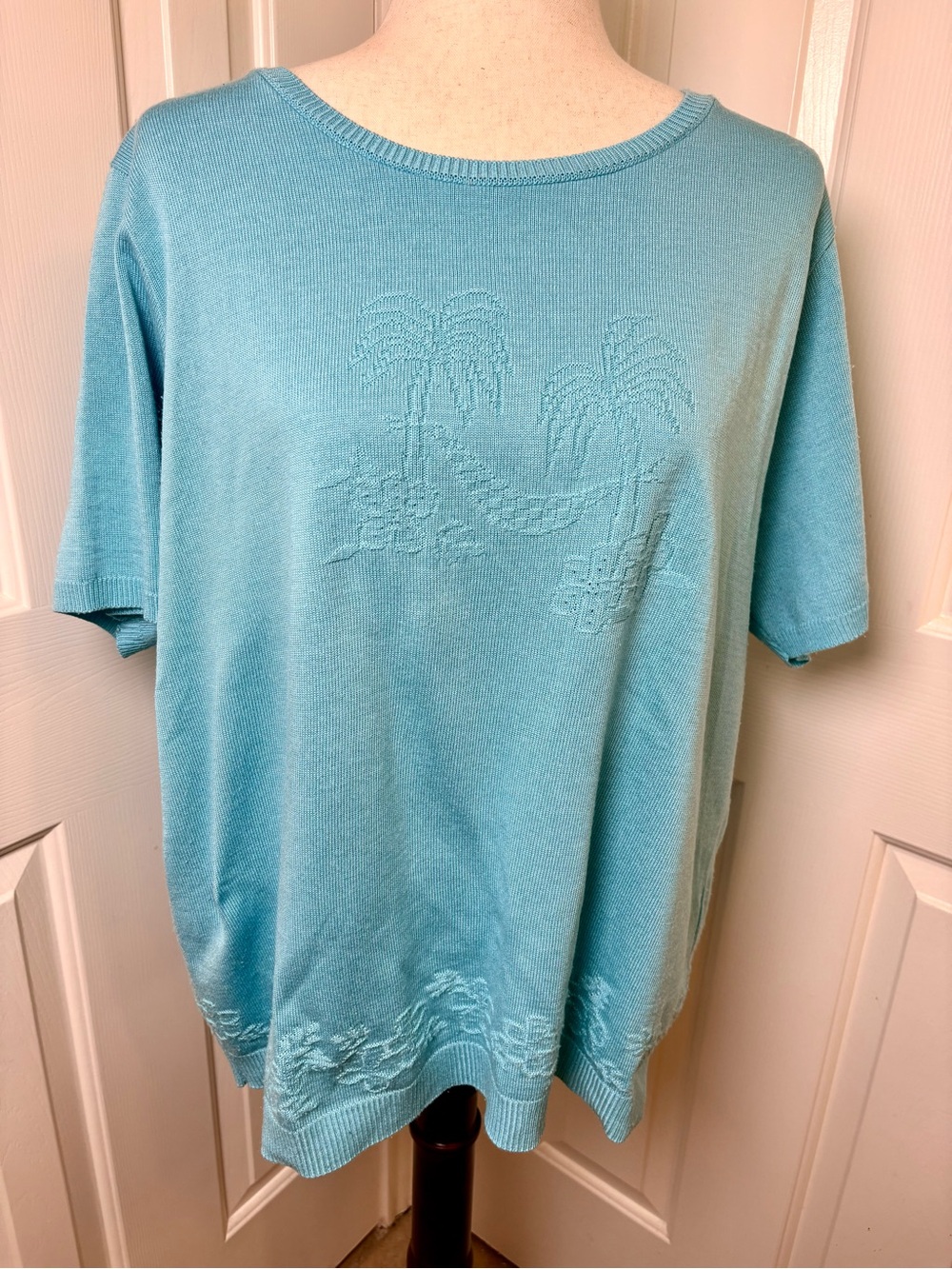 Alfred Dunner Light Blue Palm Tree Beach Knit Top Coastal Grandma 1X